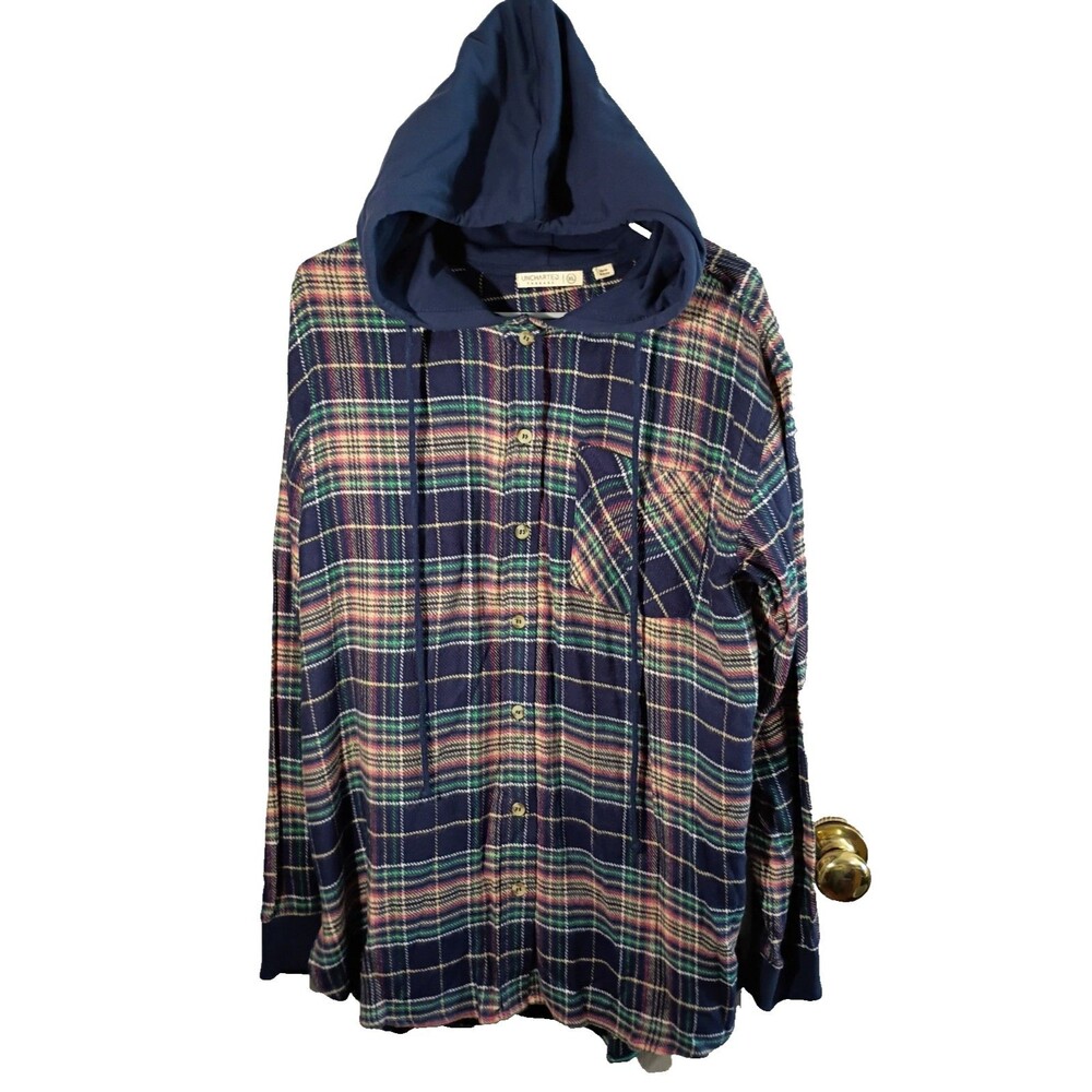 Uncharted Threads Woman XL Hooded Plaid Button LS Tunic Shirt casual comfort